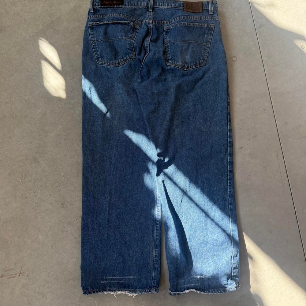 2000s Y2K Wide led Ralph Lauren blue denim jeans with frayed hem sz 38/32